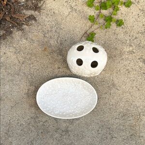 White Floral Ceramic Soap + Toothbrush